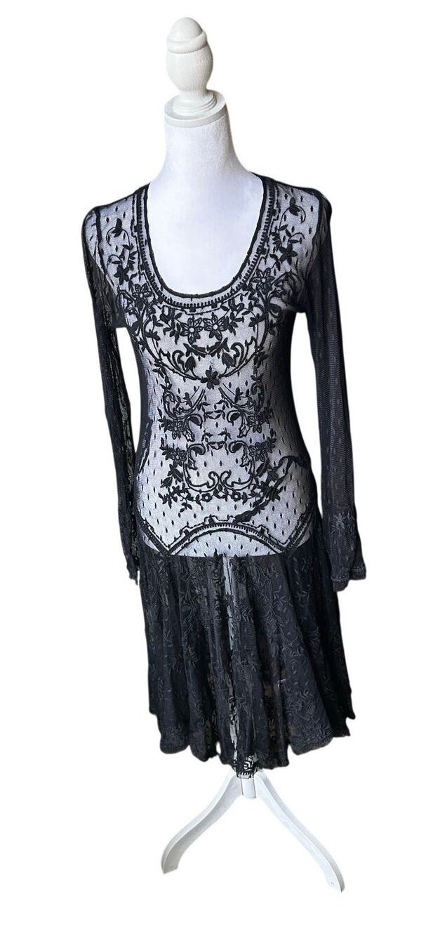 Biya by Johnny Was Black Embroidered Mesh Overlay Dress Tunic Size M
